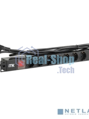 Блок розеток ITK PDU 7 розеток DIN49440 (нем. cтанд.) с LED выключателем, 1U, шнур 2м вилка DIN49441 (нем. станд.), профиль из ПВХ, черный