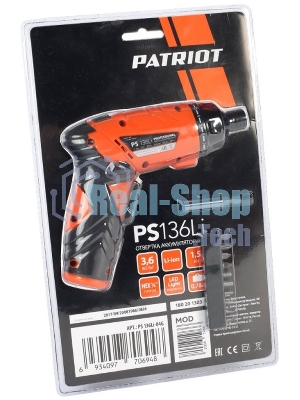 Отвертка аккумуляторная PATRIOT PS 136Li Li-Ion, 3.6 В/1,5 Ач, Реверс, 200 об/мин, 3,5 Нм, патрон: НЕХ 1/4