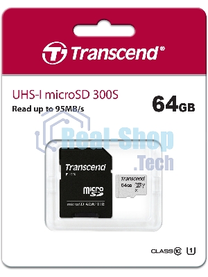Флеш карта Micro SecureDigital 64Gb Transcend Class 10 TS64GUSD300S-A MicroSDXC Class 10 UHS-I, SD adapter