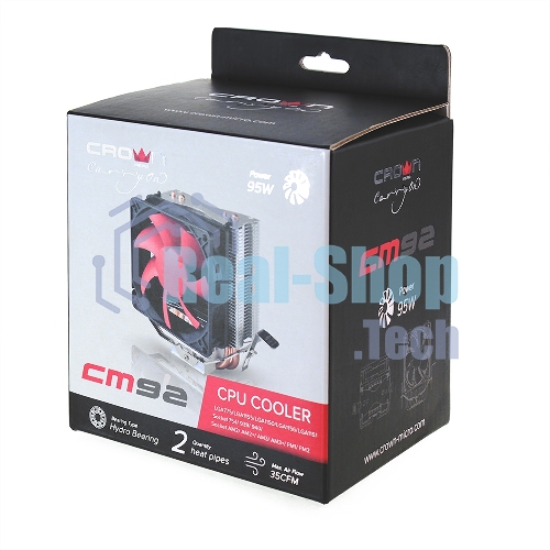 вентилятор CROWN Кулер для процессора CM-92 (Для Intel и AMD, TDP до 95 Ватт, 2шт. медных теплопроводных трубок, Гидродинамическии подшипник, Размер: 117*79*113 мм)