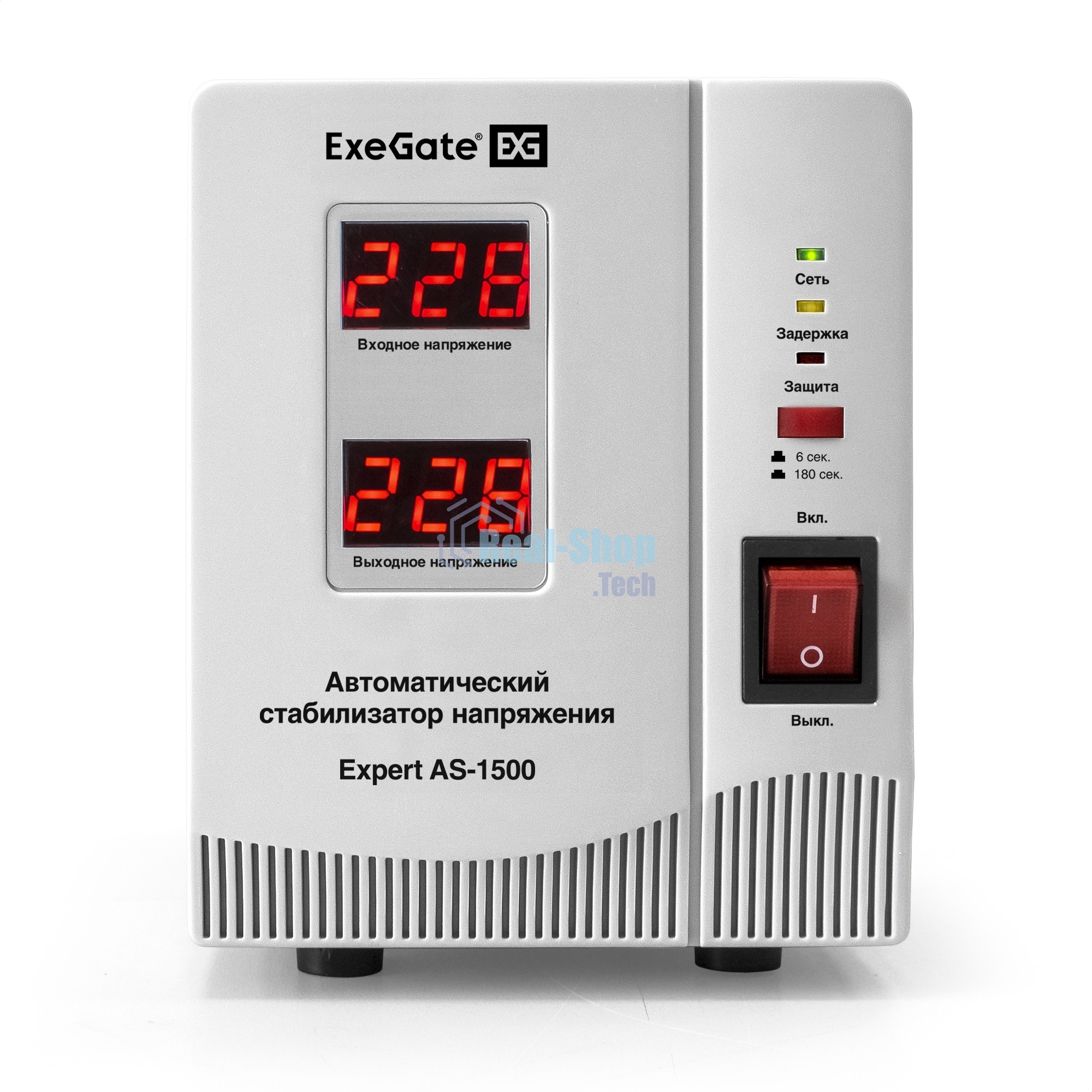 Стабилизатор напряжения ExeGate EX291722RUS Expert AS-1500 (1500ВА, вход 140...260В, двойная цифр. индикация вход/вых. напряжения, выход 220В±8%, КПД 98%, 5 уровней защиты, задержка, метал. корпус, 2 евророзетки, RTL)