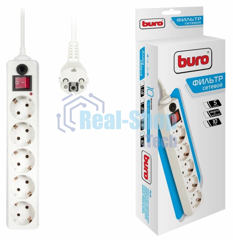 Сетевой фильтр Buro 500SH-10-W 10 м, 5 розеток, белый, коробка