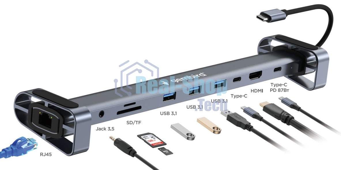 Док-станция Gembird UHB-D5, USB Type-C, 3xUSB 3.1, Type-C PD87W, Jack 3.5, SD/TF, HDMI, RJ45, USB Type-C, USB