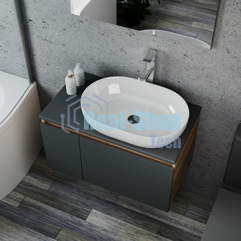 Комплект для ванной, 4 предмета (Тумба подвесная Bau Blackwood 80 графит + Раковина BAU 59х40 + Смеситель Hotel Still, нерж. сталь, выпуск черный)