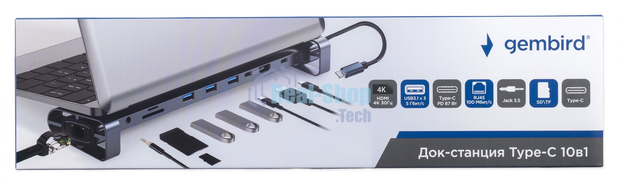 Док-станция Gembird UHB-D5, USB Type-C, 3xUSB 3.1, Type-C PD87W, Jack 3.5, SD/TF, HDMI, RJ45, USB Type-C, USB