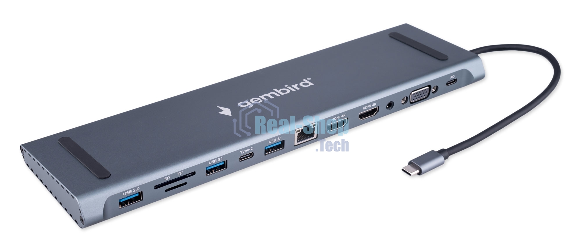 USB-концентратор Gembird UHB-D6, USB Type-C, USB 2.0/RJ45/USB Type-C PD87W/Jack 3.5 / SD/TF/2xHDMI/VGA, USB Type-C