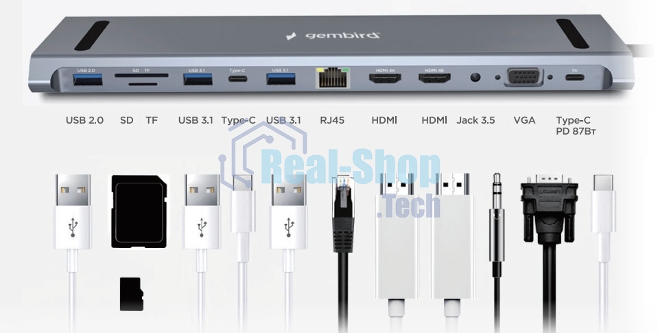 USB-концентратор Gembird UHB-D6, USB Type-C, USB 2.0/RJ45/USB Type-C PD87W/Jack 3.5 / SD/TF/2xHDMI/VGA, USB Type-C