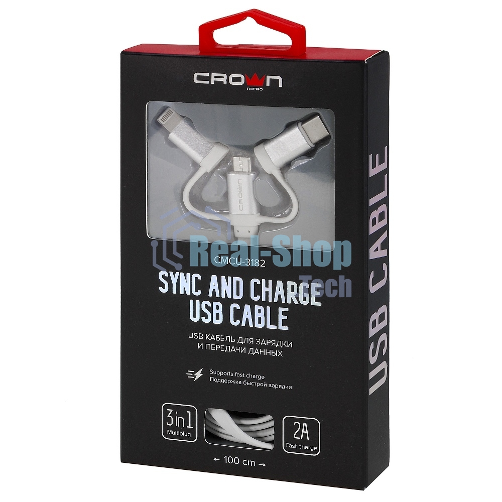 Кабель Crown USB - microUSB/USB Type-C/Lightning CMCU-3182 белый