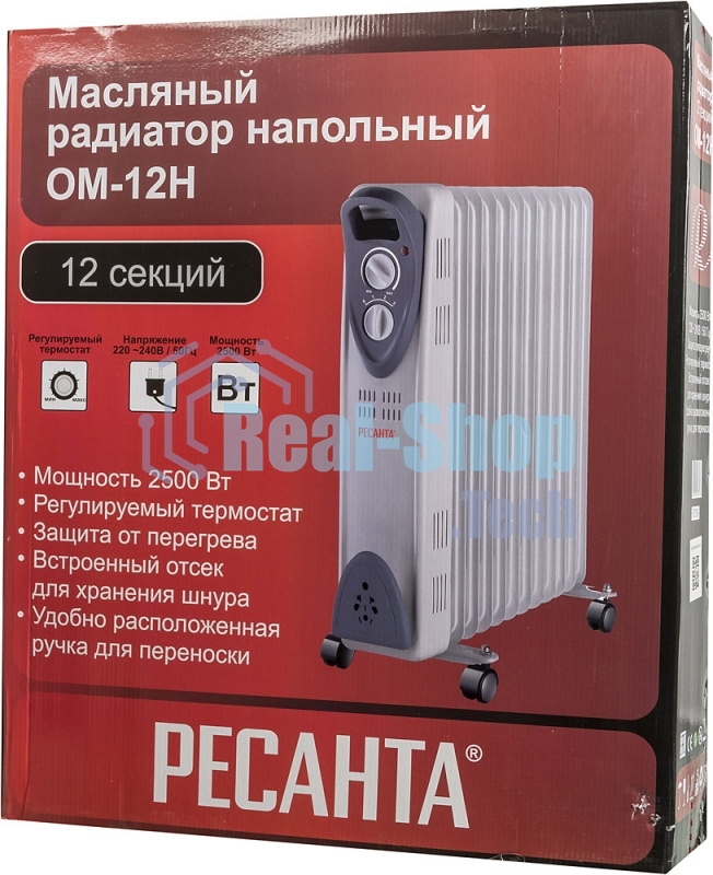 Обогреватель масляный Ресанта ОМ-12Н (11 секций) белый, 2500 Вт, 25 м2, термостат