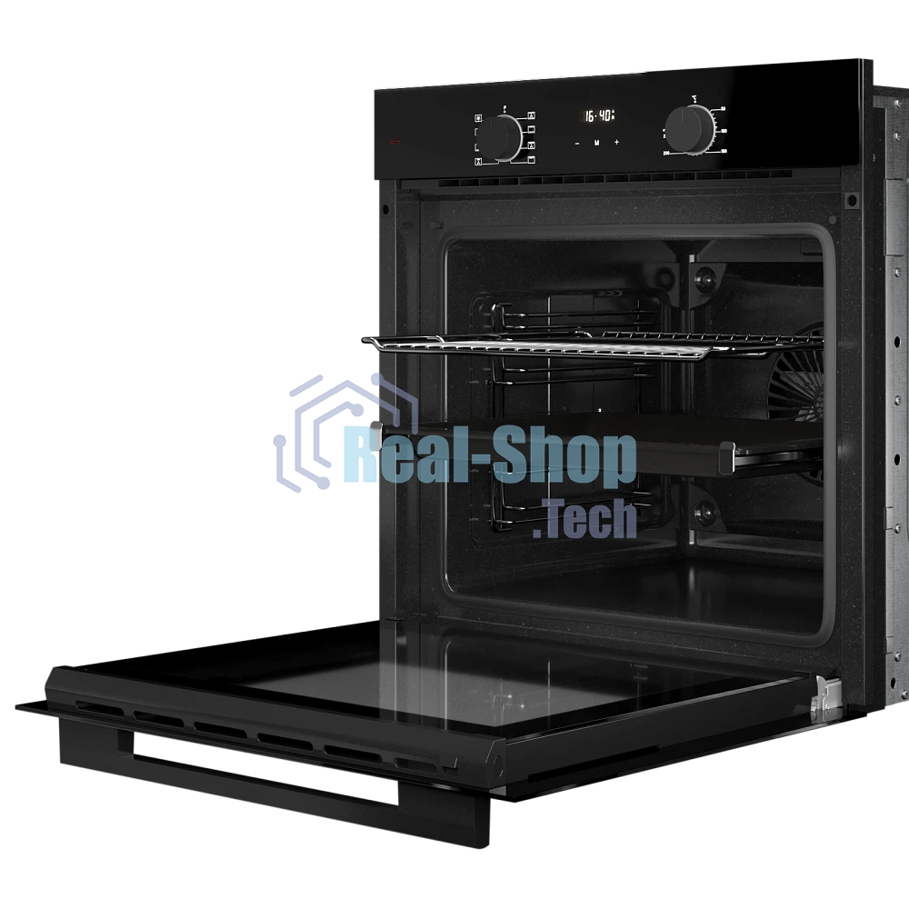 Духовой шкаф Monsher MOE 6008 Noir, 60 см, объем 80 л, утапливаемые переключатели, механический таймер, 2 стекла в дверце, 8 режимов, телескопические направляющие (на 1 уровень), энергоэффективность А, черный