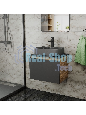 Комплект: тумба Bau Dream Blackwood графит 60, 1 ящик, раковина BAU Cerama 48х37, темно-серая, смеситель Hotel Black, черный матовый