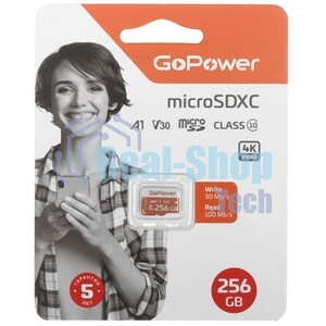 Флеш карта microSD GoPower 256Gb Class10 UHS-I (U3) 100 МБ/сек V30 без адаптера