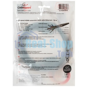 Кабель-удлинитель HDMI Cablexpert CC-HDMI4X-6, 19M/19F, v2.0, позол.разъемы, экран, 1.8м, черный, пакет
