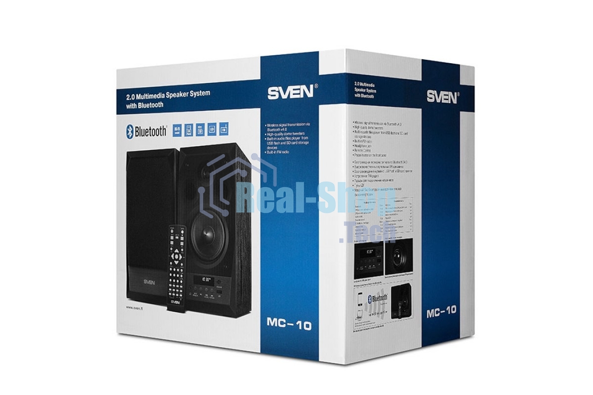 Акустическая система 2.0 SVEN MC-10, чёрный, мощность 2x25Вт (RMS), FM-тюнер, USB/microSD, дисплей, пульт ДУ, Bluetooth SVEN MC-10, чёрный, акустическая система 2.0, мощность 2x25Вт (RMS), FM-тюнер, USB/microSD, дисплей, пульт ДУ, Bluetooth