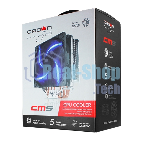 Кулер для процессора Crown CM-5 прозрачный/черный, 120 мм, 1500 об/мин, 30.8 дБ, 4 pin, 187 Вт, 148 мм
