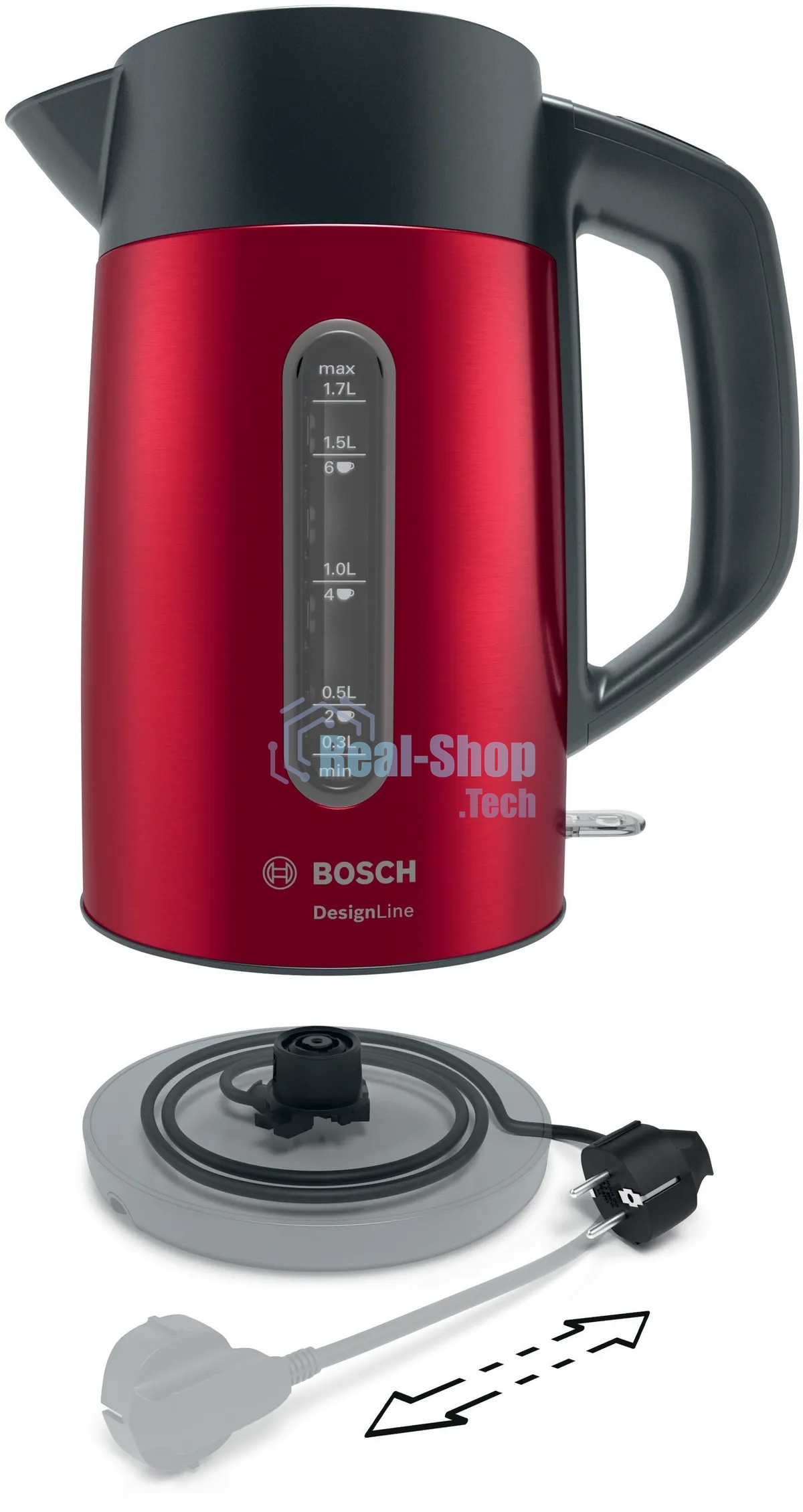 Электрочайник Bosch TWK4P434 красный, 1.7 л, 2400 Вт, скрытый нагревательный элемент