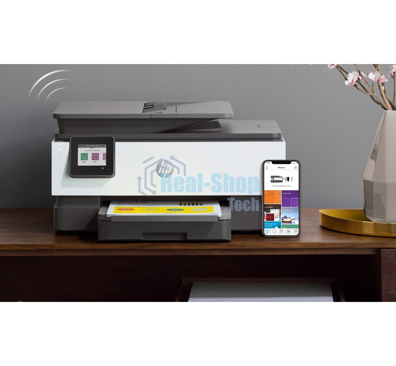 МФУ струйное HP OfficeJet 8023 (1KR64B), A4, цвтной, печ. до 20 стр/мин. (ч/б), до 10 стр/мин. (цвет), скан. до 8 стр/мин. (ч/б) 3.5 стр/мин. (цвет), 1200 x 1200 dpi, USB, RJ-45, Wi-Fi, Air Print