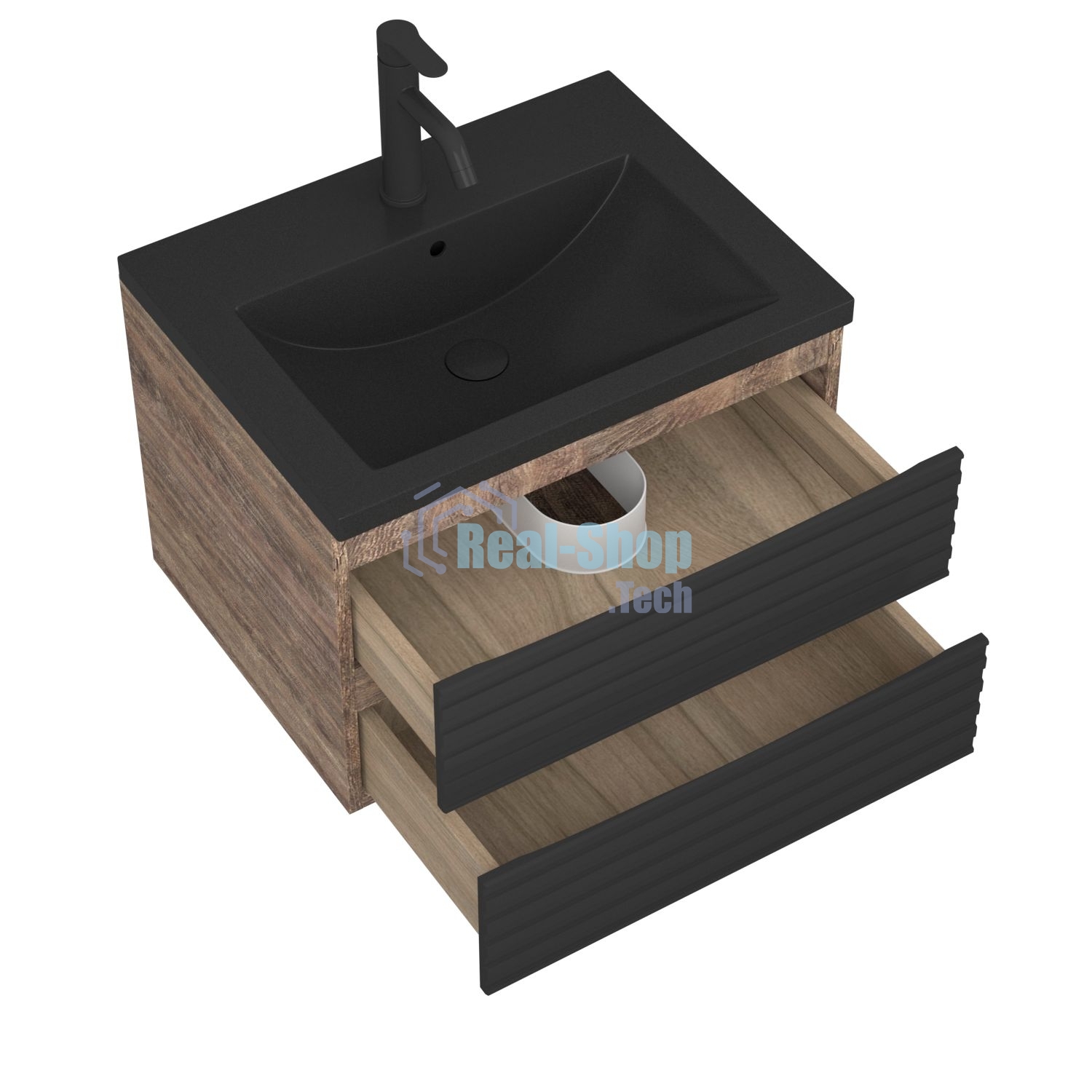 Тумба под раковину Bau Stil Loft black brushed, раковина кварцевая BAU Stil 58, черный металлик, смеситель Dream Black, черный