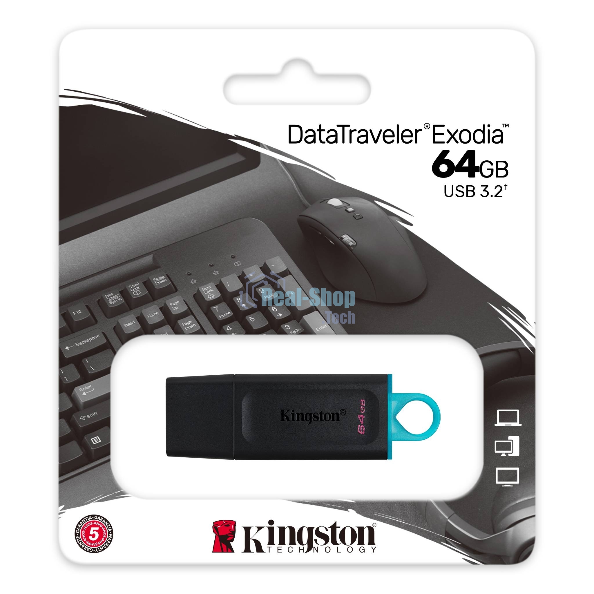 Флешка USB Kingston DataTraveler Exodia (DTX/64GB), 64Gb, USB 3.2 Gen 1, R/W 200/60, черный/бирюзовый