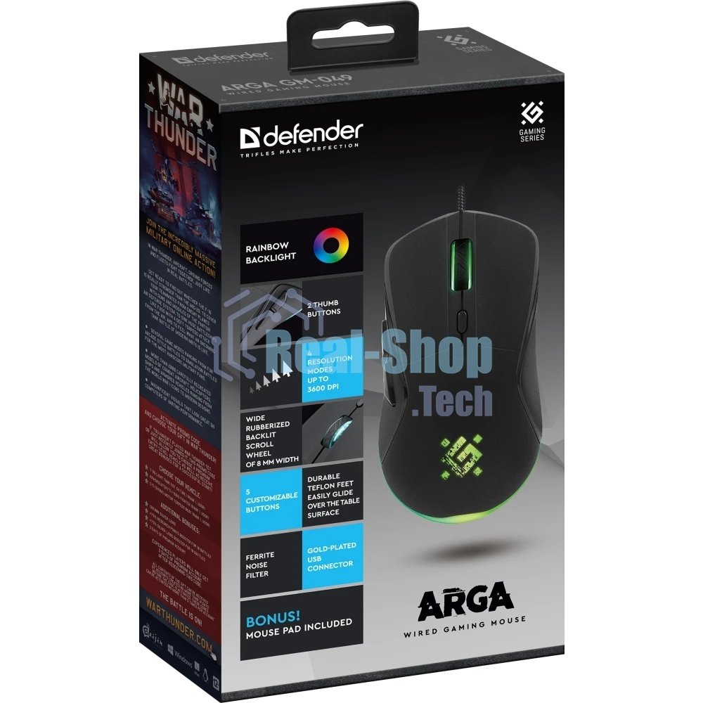 Мышь проводная Defender Arga GM-049 черный, 3600 dpi, USB, кнопки - 6