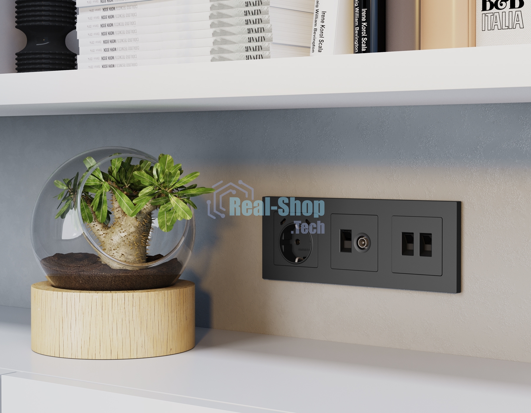 Комплект механизма компьютерной двойной розетки RJ-45 с автоматической защитной шторкой ALFA Графит мягкое касание QUANT (AP9121, VM189) MA912110