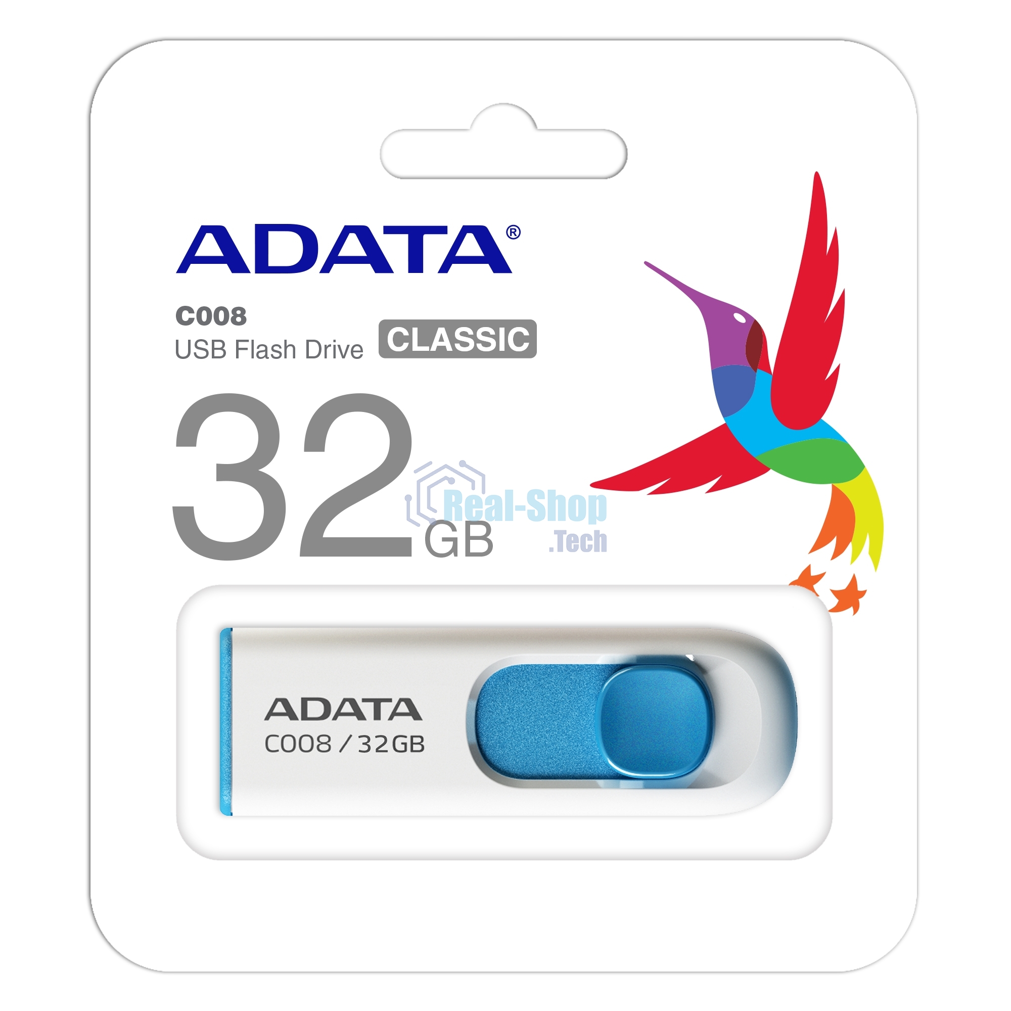 Флешка USB ADATA C008 (AC008-32G-RWE), 32Gb, USB 2.0, R/W 15/5, белый/синий