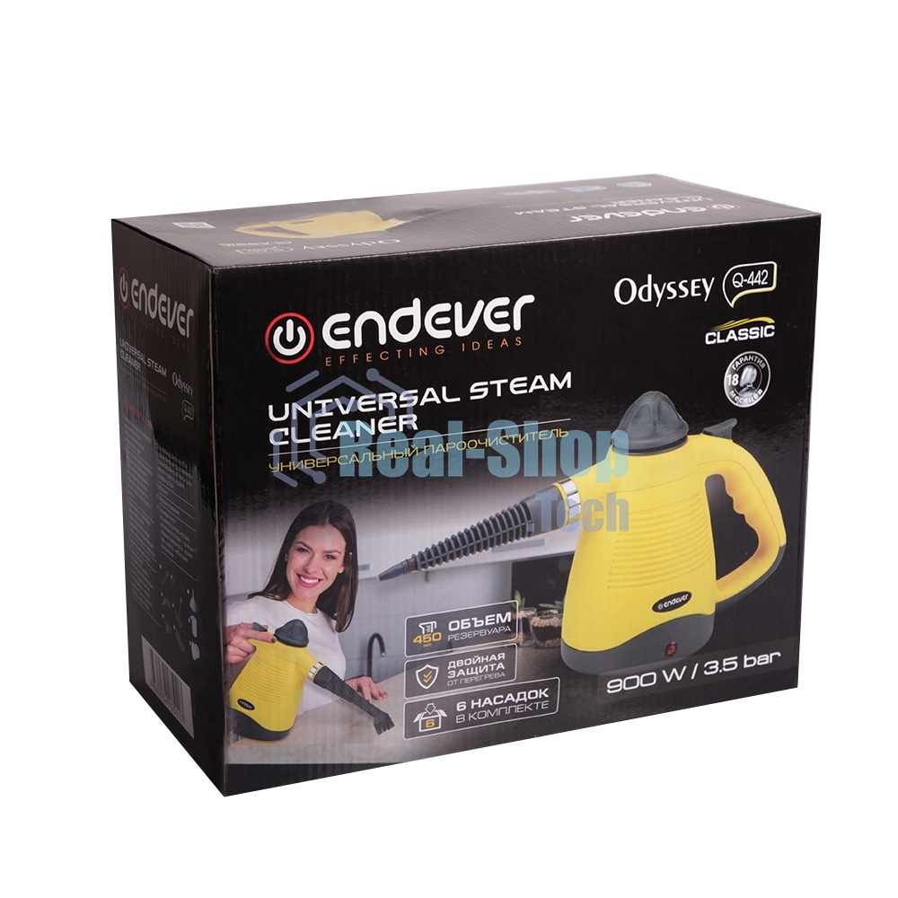 Пароочиститель Endever Odyssey Q-442 черный/желтый, ручной, 900 Вт, 35 г/мин, 450 мл