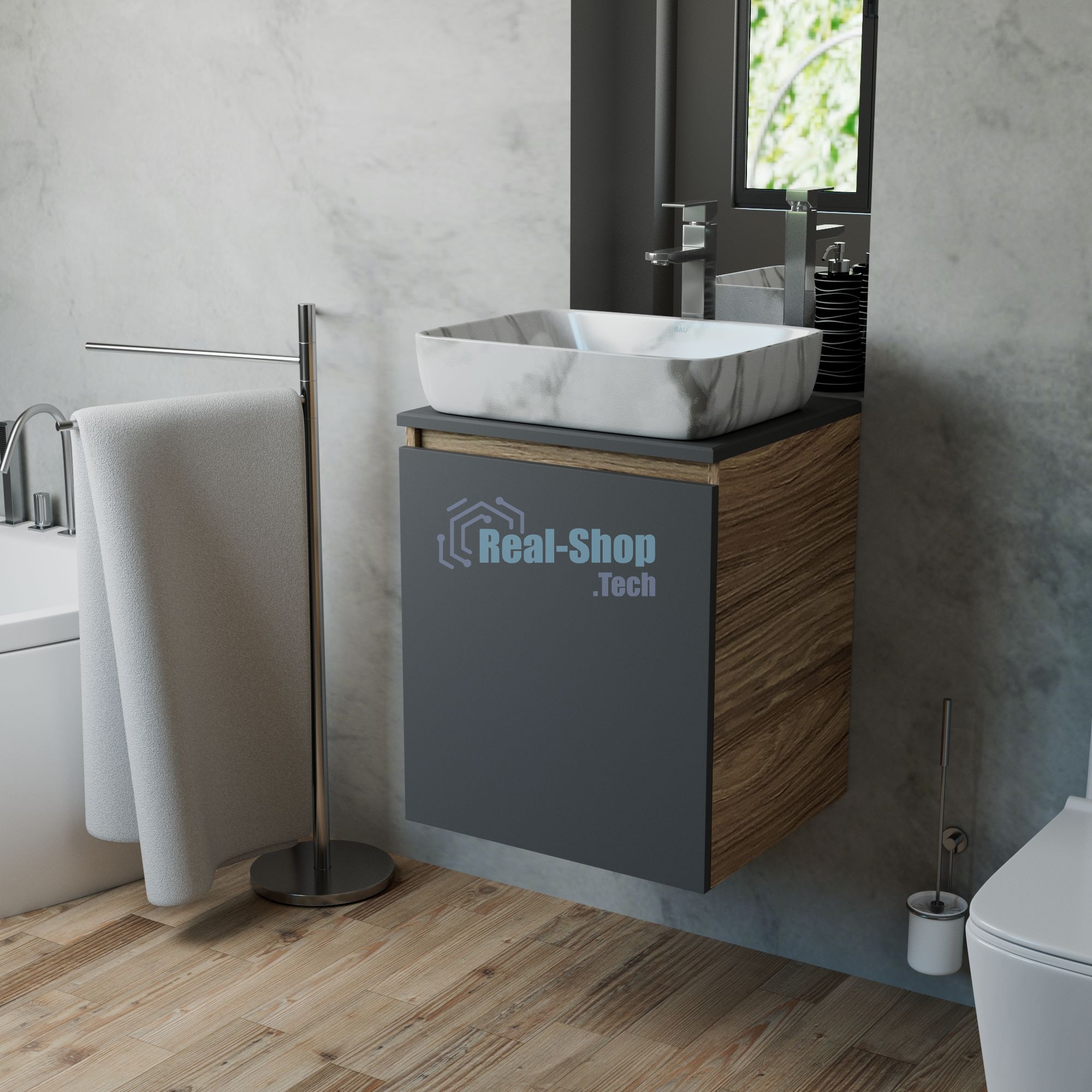 Тумба Bau Dream Blackwood 50 графит, раковина BAU Hotel 51х39, мрамор, смеситель для раковины высокий Hotel Still, нержавеющая сталь