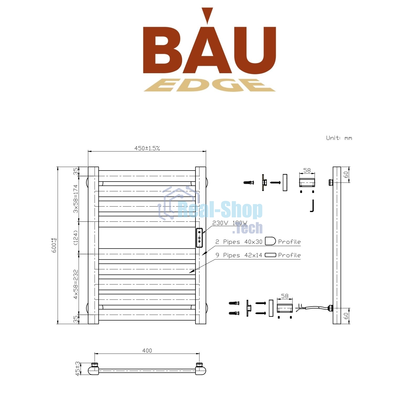 Полотенцесушитель дизайнерский электрический BAU Elite Elegant Gun Grey 60х45, подключение справа, т