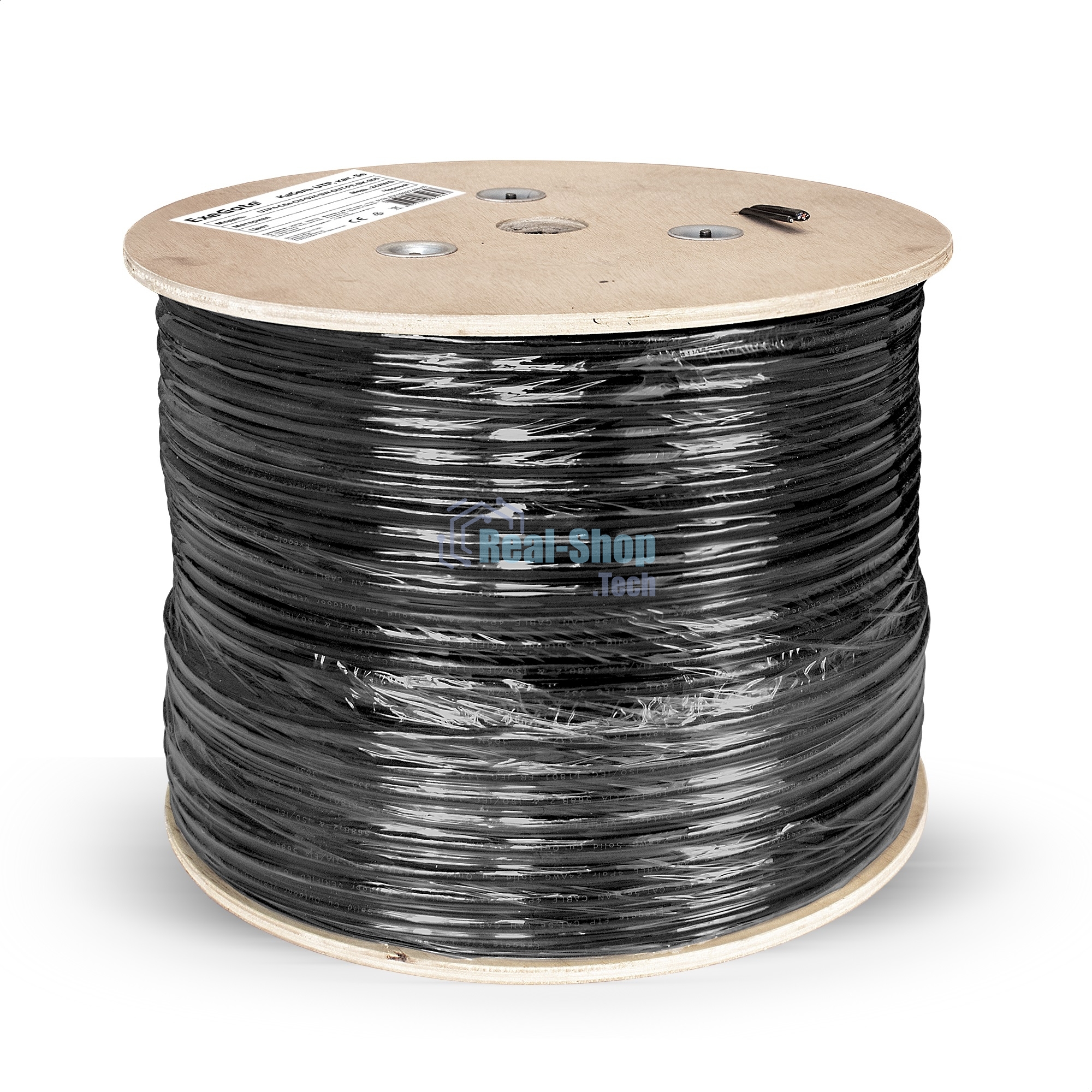 Кабель ExeGate Special FUTP4-C5e-CCA-S24-SW-OUT-PE-BK-305 FTP 4 пары кат.5e CCA, 0.5мм (24AWG), экран, внешн., с тросом, 305м, черн., PE
