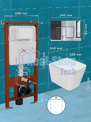 Комплект BAU 6 в 1: усиленная инсталляция BAU IDEAL, унитаз подвесной безободковый торнадо обратного потока Bau Stil Hurricane-2, сиденье микролифт, клавиша BAU Light антивандальная, нерж. сталь хром