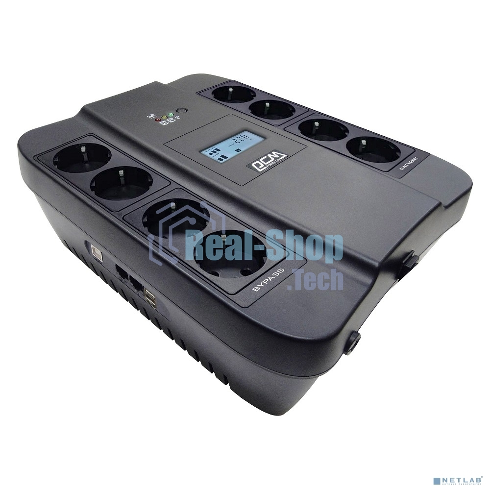 Источник бесперебойного питания Powercom Back-UPS SPIDER, Line-Interactive, LCD, AVR, 900VA/540W, Schuko, USB, black (1456263)