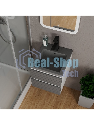 Тумба под раковину Bau Stil Loft grey brushed, раковина кварцевая BAU Stil 40, серый металлик, смеситель Hotel Black, черный