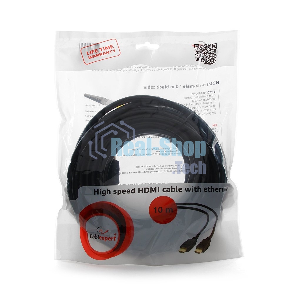 Кабель Cablexpert HDMI CC-HDMI4-10M, 19M/19M, v2.0, медь, позол.разъемы, экран, 10м, черный, пакет