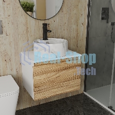 Комплект: тумба Bau Dream Blackwood 60, 1 ящик, Раковина круглая накладная BAU Element D41, мрамор, смеситель Hotel Black, черный матовый
