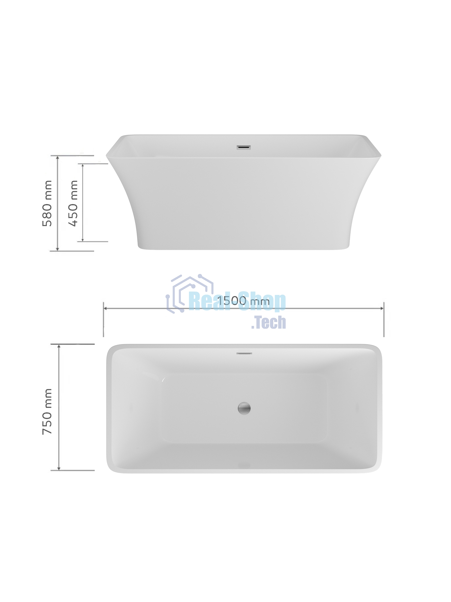 Ванна отдельностоящая акриловая BAU Pure 1500x750 белая, в комплекте со сливом-переливом