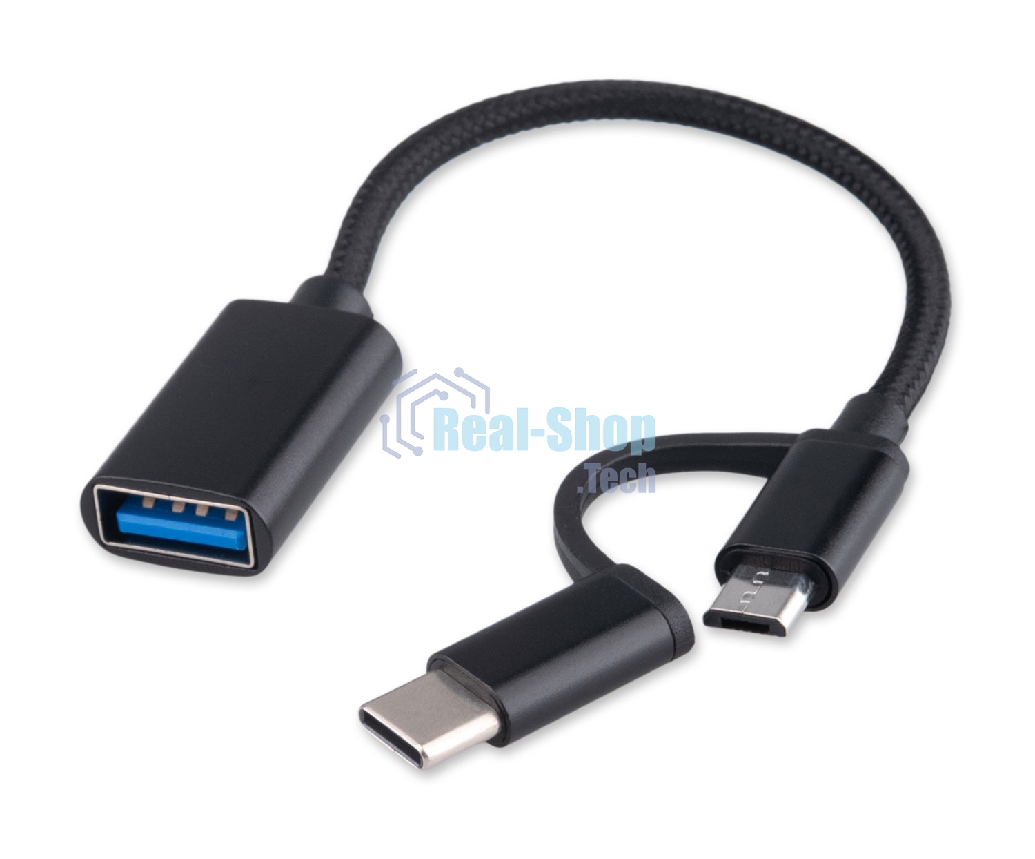 Кабель-переходник USB2.0 OTG Cablexpert A-OTG-CMAF2-2in1, Type-C(M)+MicroUSB(M)/AF, алюминий+нейлон.оплетка, 0.15м, пакет