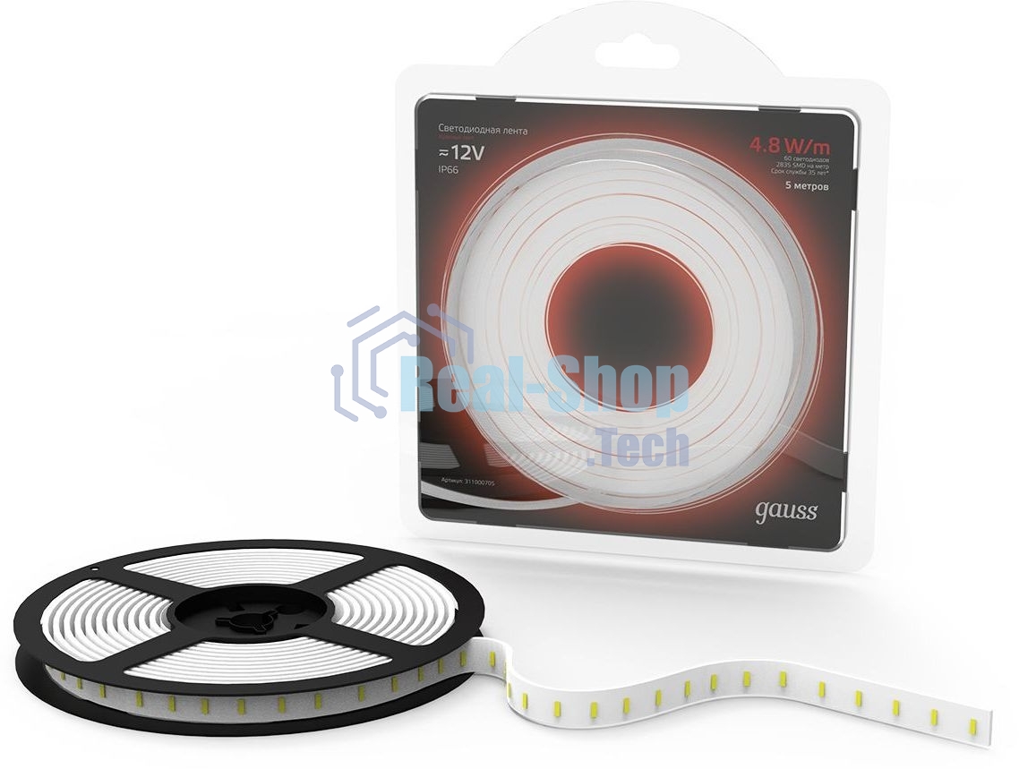 Лента светодиодная 2835 -SMD 4.8W 12V DC красный IP66 (блистер 5м)