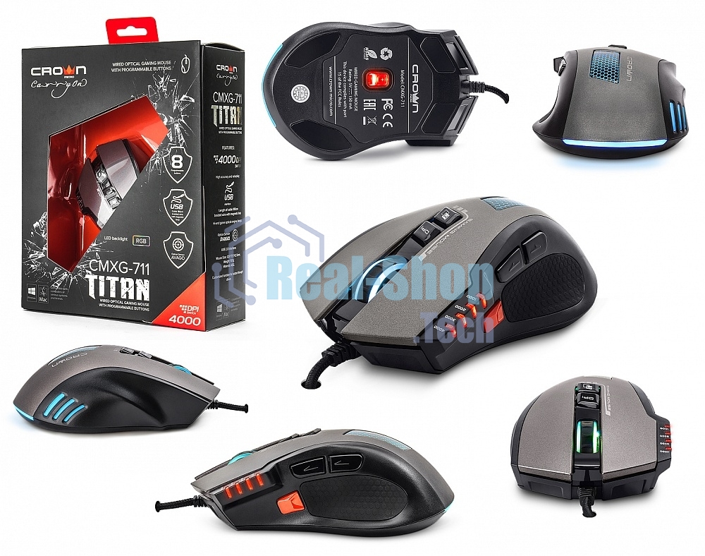 Мышь проводная Crown Gaming CMXG-711 черный, 4000 dpi, USB, кнопки - 8