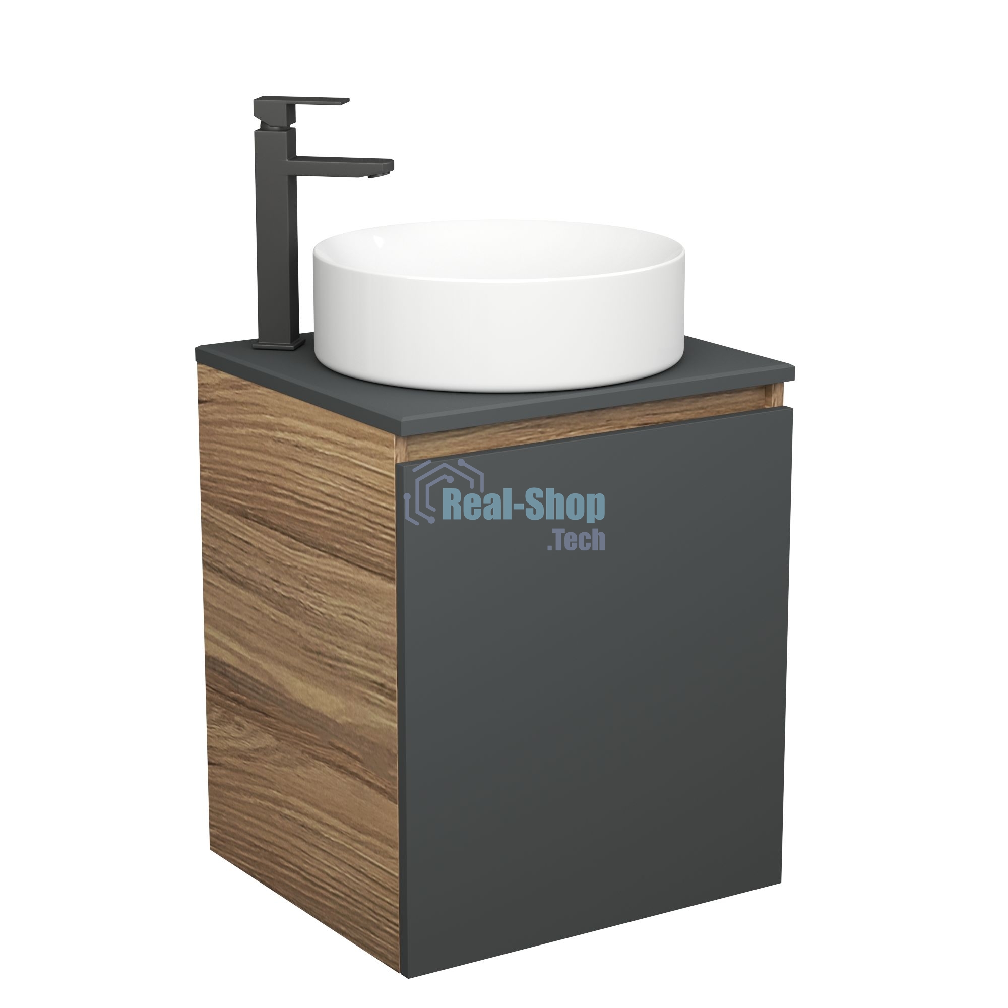 Тумба Bau Dream Blackwood 50 графит, раковина BAU Dream круглая D41, смеситель для раковины высокий Hotel Black, черный