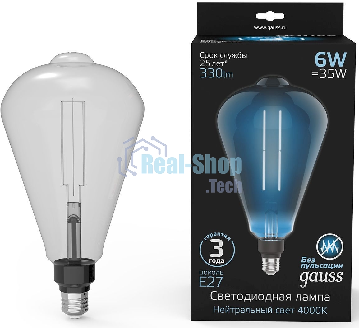 Лампа cветодиодная Gauss Filament ST164 6W 330lm 4000К Е27 gray straight LED