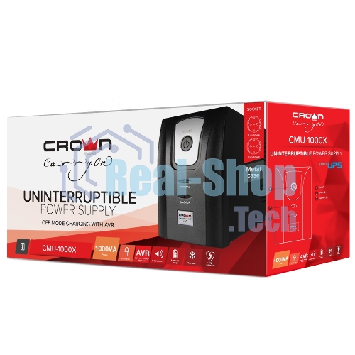 Источник бесперебойного питания Crown CMU-1000X (1000VA/600w; Off-Line; 2 х Euro с резервным питанием и фильтрацией; 12V7AH х 2; Металл)