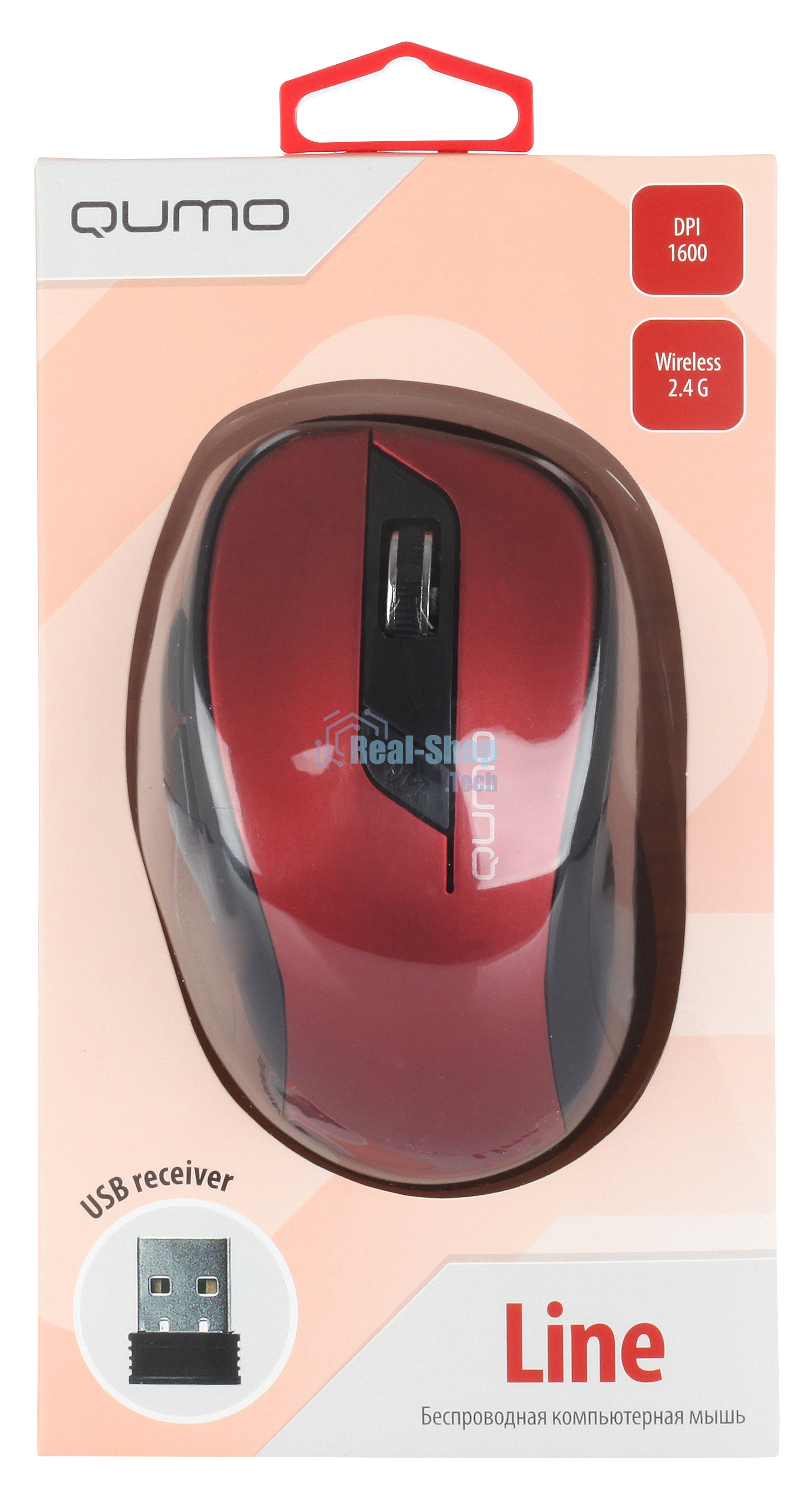 Мышь беспроводная Qumo Office Line M62 красный, 1600 dpi, радиоканал, USB, кнопки - 6