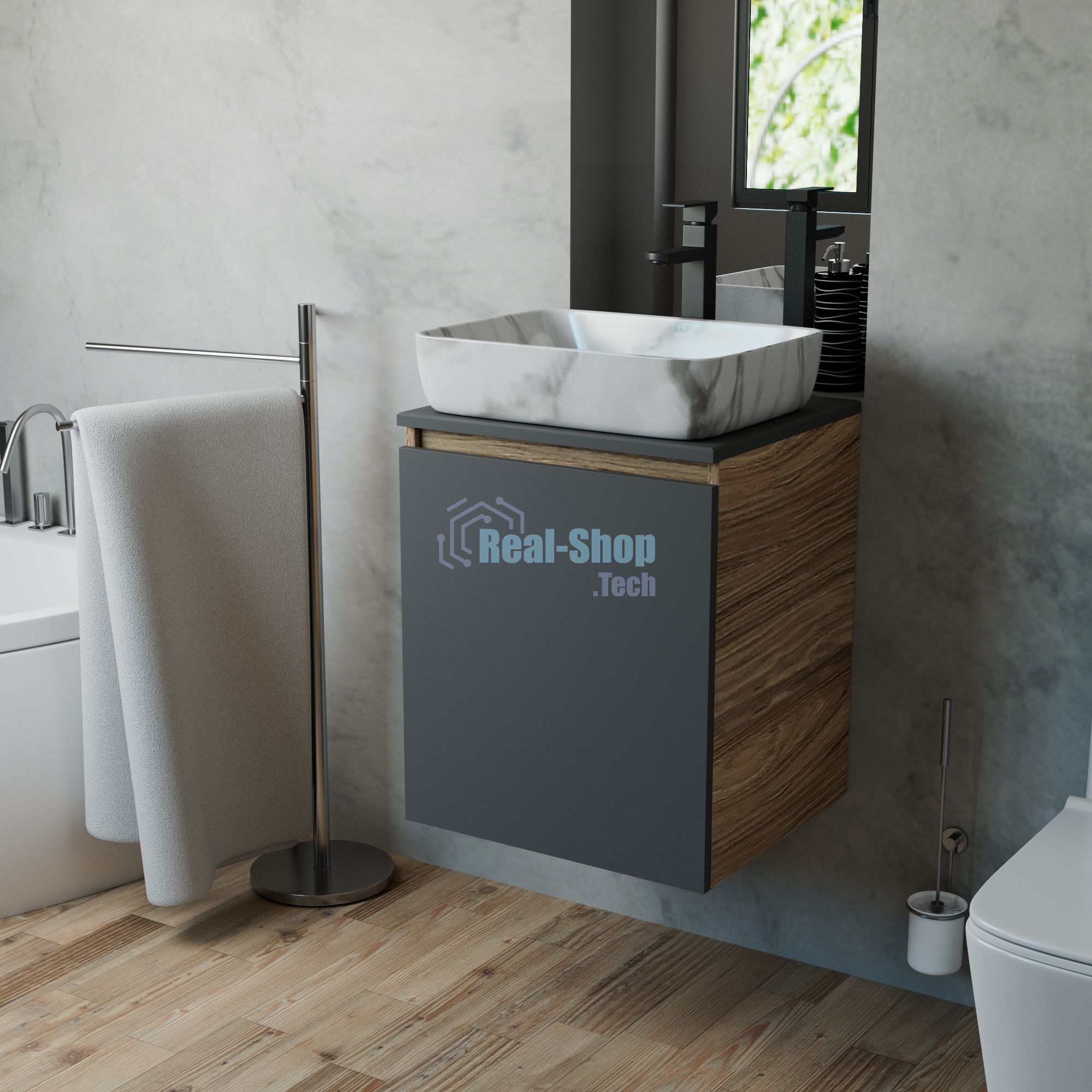 Тумба Bau Dream Blackwood 50 графит, раковина BAU Hotel 51х39, мрамор, смеситель для раковины высокий Hotel Black, черный