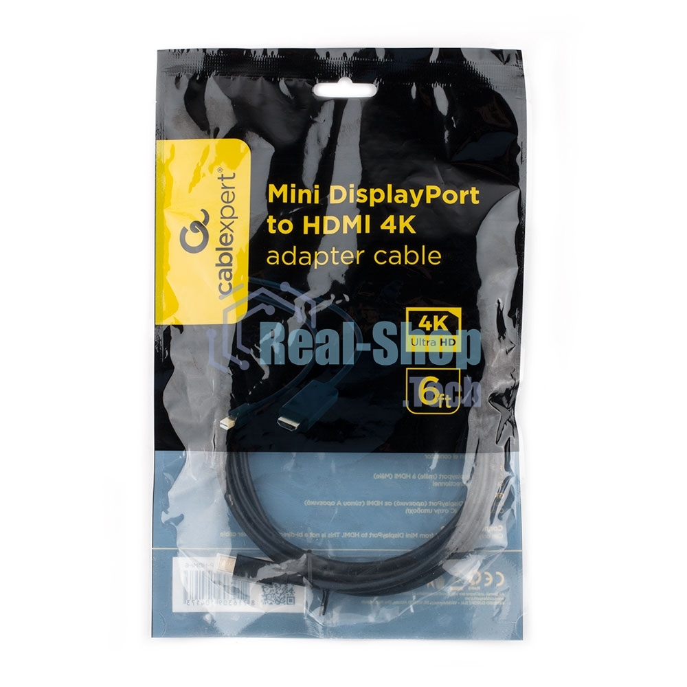 Кабель Cablexpert mDP-HDMI, 20M/19M, 1.8м, черный, позол.разъемы, пакет (CC-mDP-HDMI-6)
