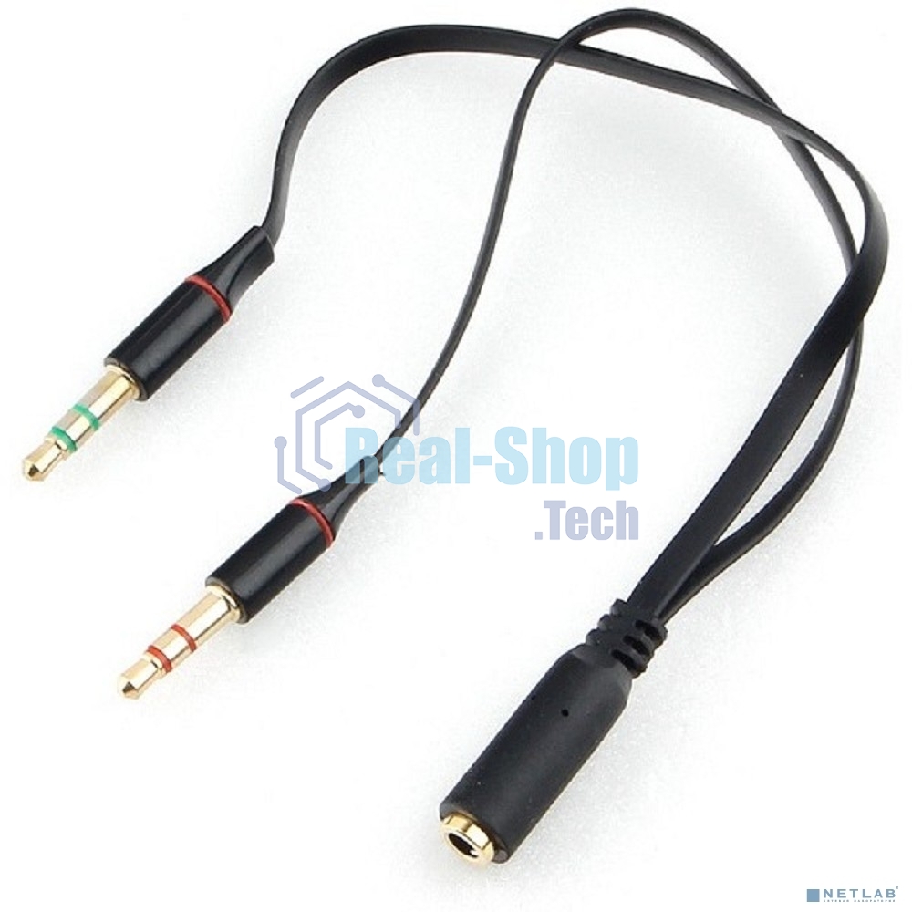 Кабель аудио Cablexpert CCAB-02-35F2M-0.2MB. 3.5 Jack 4pin(F)/2х 3.5 Jack(M) наушники и микрофон, черный, 0.2м, блистер