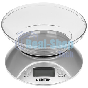 Весы кухонные Centek CT-2451 электронные, чаша, пластик, 5кг серебро/черный