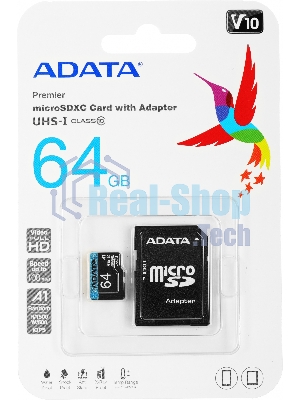 Флеш карта microSD 64Gb ADATA microSDHC Class 10 UHS-I A1 100/25 MB/s (SD адаптер)