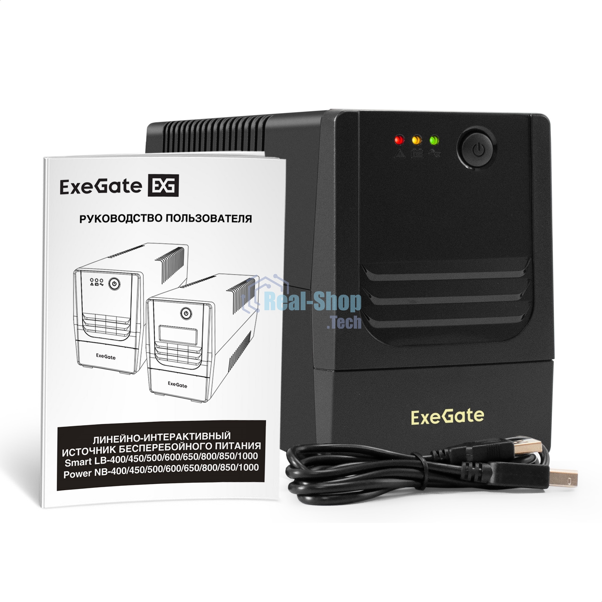 Источник бесперебойного питания ExeGate Power NB-1000.LED.AVR.2SH.USB (1000VA/650W, LED, AVR, 2*Schuko, USB, батарея 12V 9Ah, черный)
