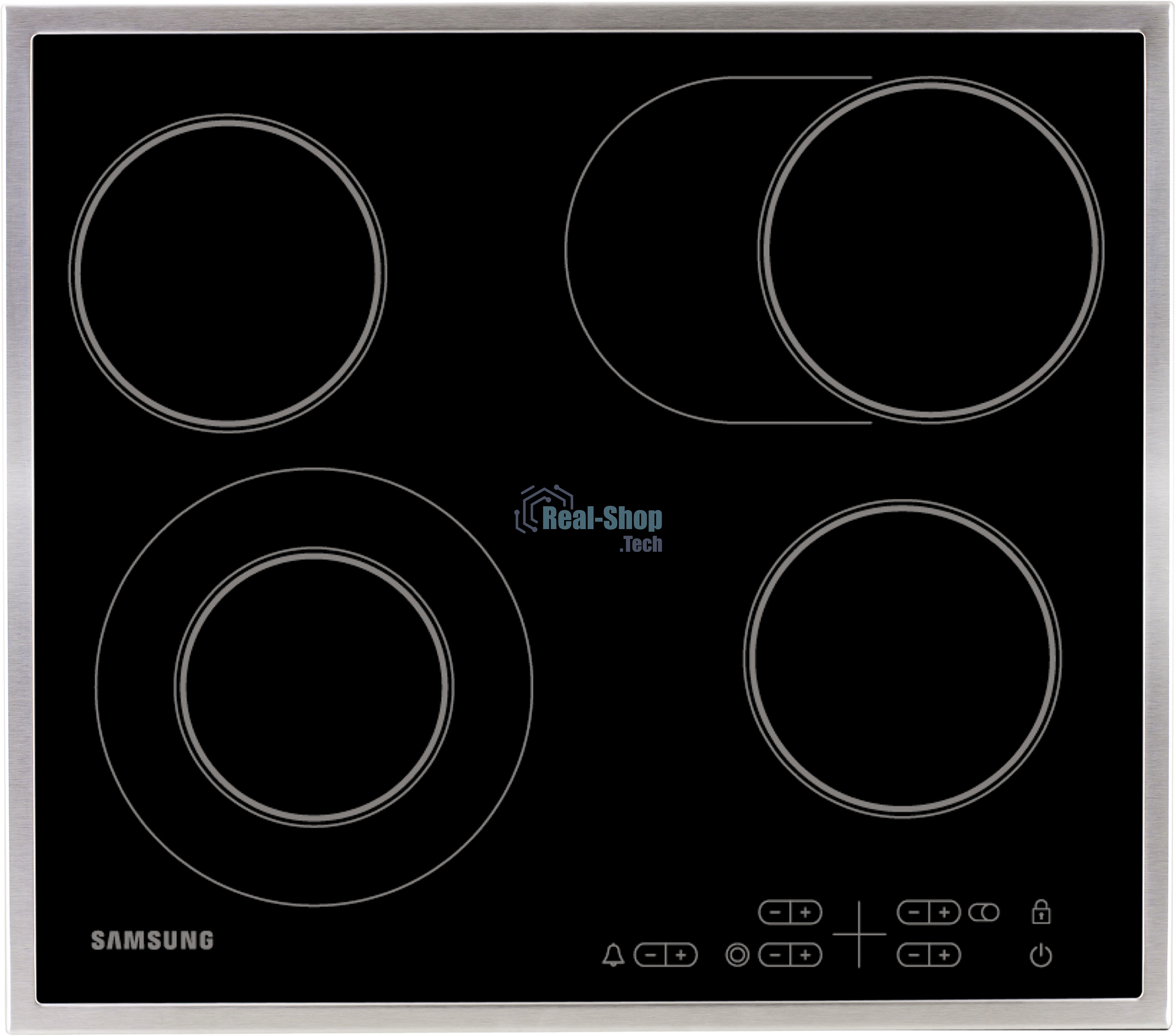 Встраиваемая электрическая панель Samsung NZ64T3516CK/WT, 575x505x55 мм, стеклокерамика, 4 конфорки, рамка - нержавеющая сталь,сенсорное управление, светодиодный LED-дисплей, защита от детей, черный